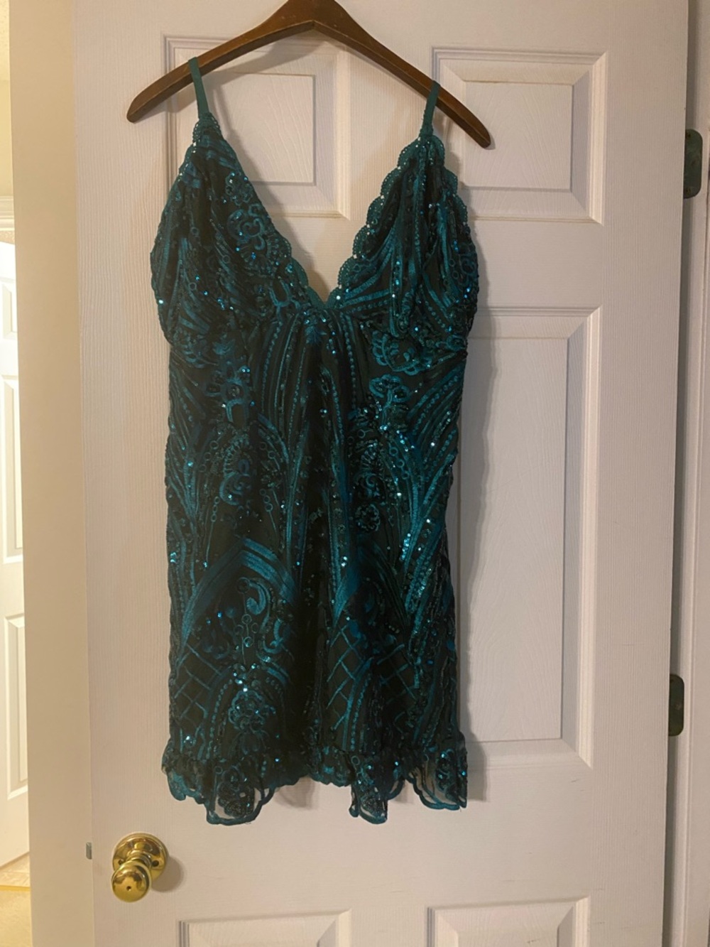 PrettyLittleThing Emerald green sequin lace frill hem bodycon dress